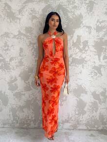 Allurite Vestido vintage sexy naranja con diseño de atar al cuello y decoración de conchas, espalda descubierta, adecuado para vacaciones en la isla, citas, festivales de música, vacaciones de verano, uso diario - Patrón floral cortado al azar - Naranja - Ver 6