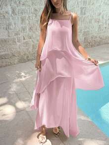 Aloruh Vestido de vacaciones elegante de unicolor con tirantes finos de color azul - Rosa Pálido - Ver 5