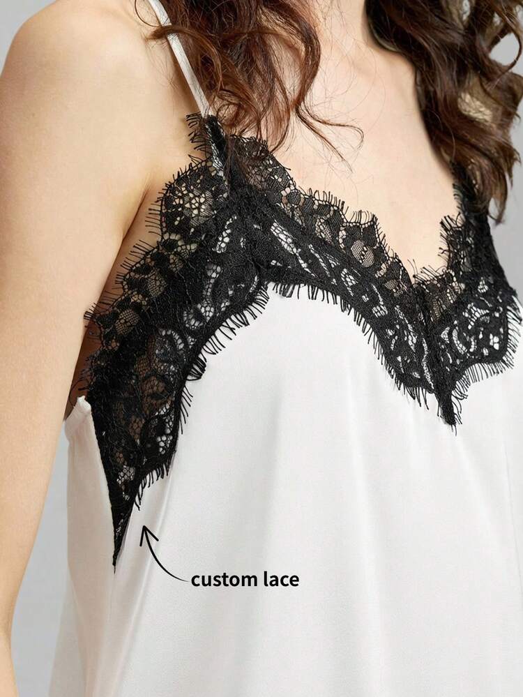 Women's Satin Crepe Fabric Stretchy Soft Spaghetti Strap Long Top, Fitted Silhouette, Lace Trim Accent, Asymmetric Hemline Design, Modern Urban Casual Business Chic Office Wear, Low-Key Elegant Vibe, High-Quality Airport Fashion, Sophisticated Material, Graceful Elegant, Street Style Inspired Blouse White Lace Top Women Lace Top Lace Trim Top Sleeveless Lace Top Black Lace Top,Summer Top
