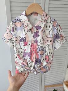 SHEIN Leap Crew Tween Girl Summer Short Style Cartoon Pattern Shirt With Tied Hem - Multicolor - View 3