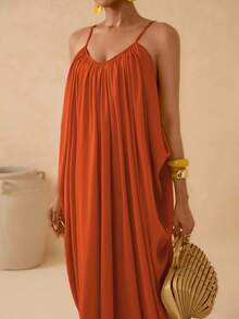 Vesra Spaghetti Strap Deep V-Neck Backless Pleated Dress With Draped Tail, Sexy & Elegant For Women - Burnt Orange - View 7