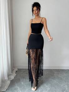 SHEIN Elenzya Chân váy midi đuôi cá thanh lịch, cạp cao, phối ren tương phản dành cho nữ. - màu đen - Xem 3