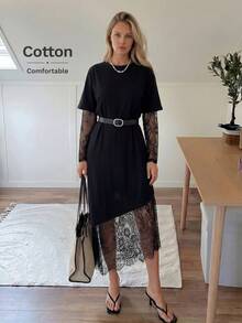 Easowa Đầm ren cổ tròn tay ngắn màu trơn, dáng rộng, thoải mái, thích hợp cho các buổi đi chơi và đi làm, trang phục sân bay, đầm dành cho phụ nữ trung niên, đầm dự tiệc, đầm đồng phục giáo viên, đầm thanh lịch cho phụ nữ - màu đen - Xem 6