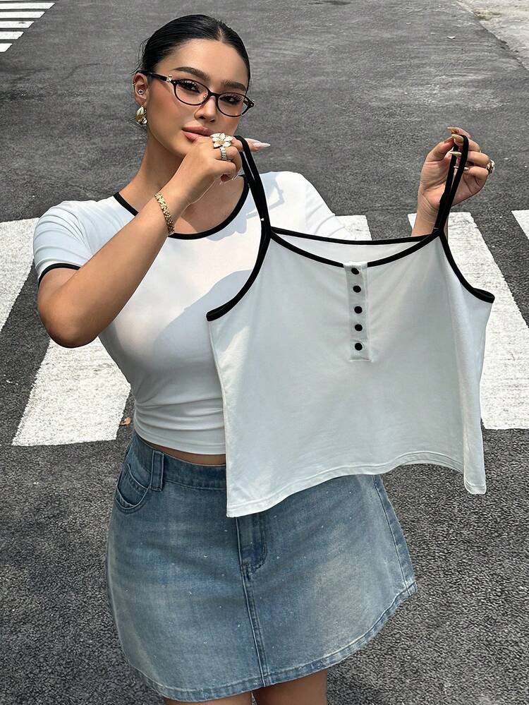Dazy Plus 2pcs/Set Tight Fit Short Sleeve White T-Shirt & Camisole Layered Cropped Plus Size Women Outfit, Spring/Summer