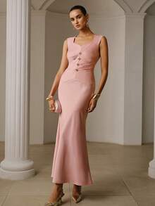 ZEYLAH Langes Kleid mit geraffter Taille und Meerjungfrauensaum, ohne Ärmel - Pink - Übersicht 2