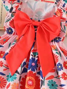 SHEIN Elladie kids 小女孩甜美可爱沙滩度假夏季短袖蝴蝶结装饰连衣裙，适合日常和假日穿着 - 橘色 - 查看 5