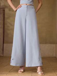 MOTF PREMIUM 女士刺绣阔腿西装裤，休闲约会装，春夏款 - 藍色 - 查看 5