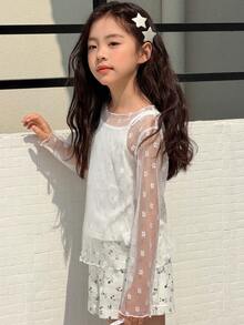 DAZY Camiseta feminina pré-adolescente folgada, transparente e oversized, estilo saída de praia. - Branco - Ver 6