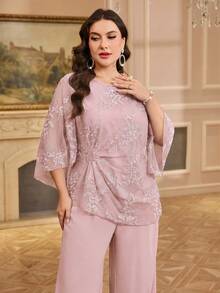 Reflora Plus Size Elegant Solid Color Lace Blouse And Pants 2 Pieces Set - Baby Pink - View 6