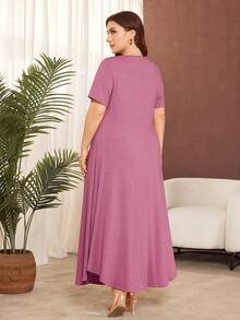 Lacomfia 大码纯色短袖针织休闲荷叶边连衣裙 - 粉色 - 查看 2