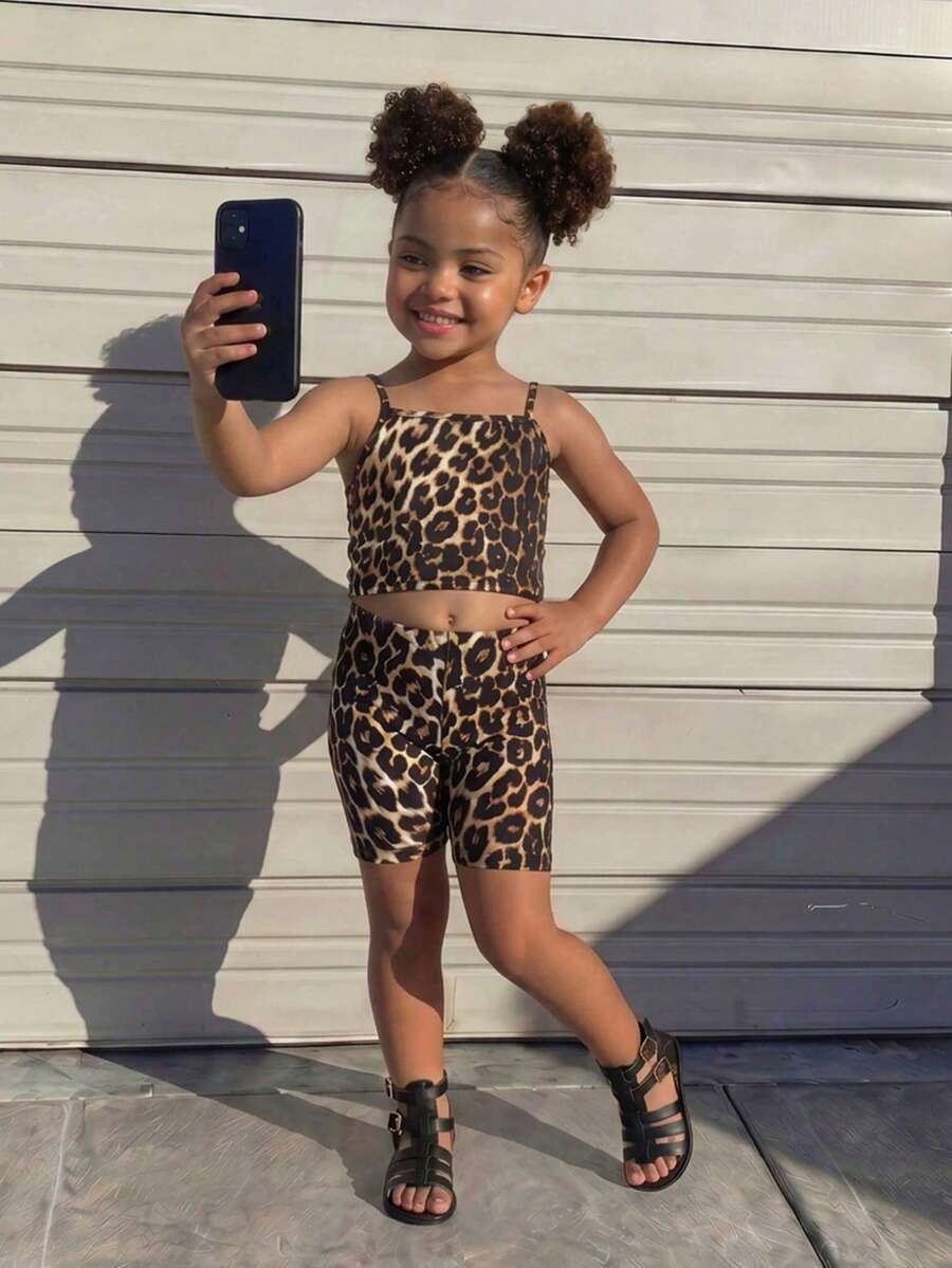Young Girl Casual Leopard Print Camisole Top And Shorts Set - Brown - View 1