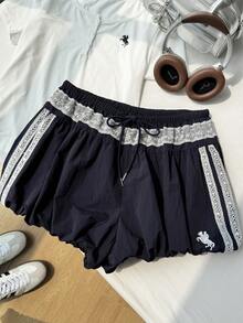 Comfortcana Plus Size Lace Patchwork Drawstring Casual Cute Horse Logo Bubble Shorts, Summer Day Navy Blue - Navy Blue - View 9