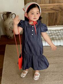 Toddler Girls' Casual Denim Collared Short Sleeve Top - Blue - View 1