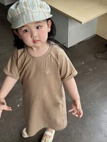 DAZY 女婴圆领插肩短袖休闲宽松连衣裙 - 咖啡棕 - 查看 6