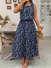 EMERY ROSE Plus Size Ditsy Floral Round Neck Casual Commute Split Hem Dress - Blue - View 4