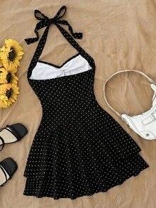 Kids Teen Girls Cute Polka Dot Print Backless Mini Dress,Black And White Double Layer Ruffled Hem Summer Beach Outfits For Holiday,Party,Old Money - Black - View 7