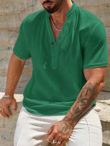 HIMLAND Camisa holgada de hombre de medio botón unicolor - Verde - Ver 5