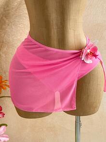Soleia Women's Cute 3D Floral Halter Tie Bikini Two-Piece Swimwear With Cover Up Skirt 3 Pieces Set - Pink - View 3