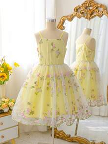 SHEIN Gaun Kamisol Patchwork Jala Bordir Bunga untuk Anak Perempuan Remaja, Cocok untuk Pesta Ulang Tahun, Pernikahan, Liburan - Kuning - View 5