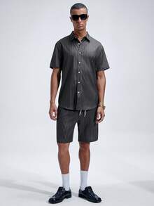 NobleFwd 男士夏季条纹短袖单排扣衬衫短裤套装 - 黑色 - 查看 3