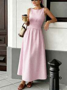 maxi a cuadros marrones 2026 para mujer, con tirantes de lazo y cintura fruncida con volantes, estilo minimalista casual y perfecto para vacaciones y uso diario - Rosa Pálido - Ver 3
