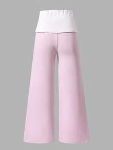 SHEIN Pantalon droit à rayures roses vives pour adolescentes, taille contrastée blanche, tissu super doux et confortable, convient pour l'école, les déplacements et les activités extérieures - Rose bonbon - Voir 4