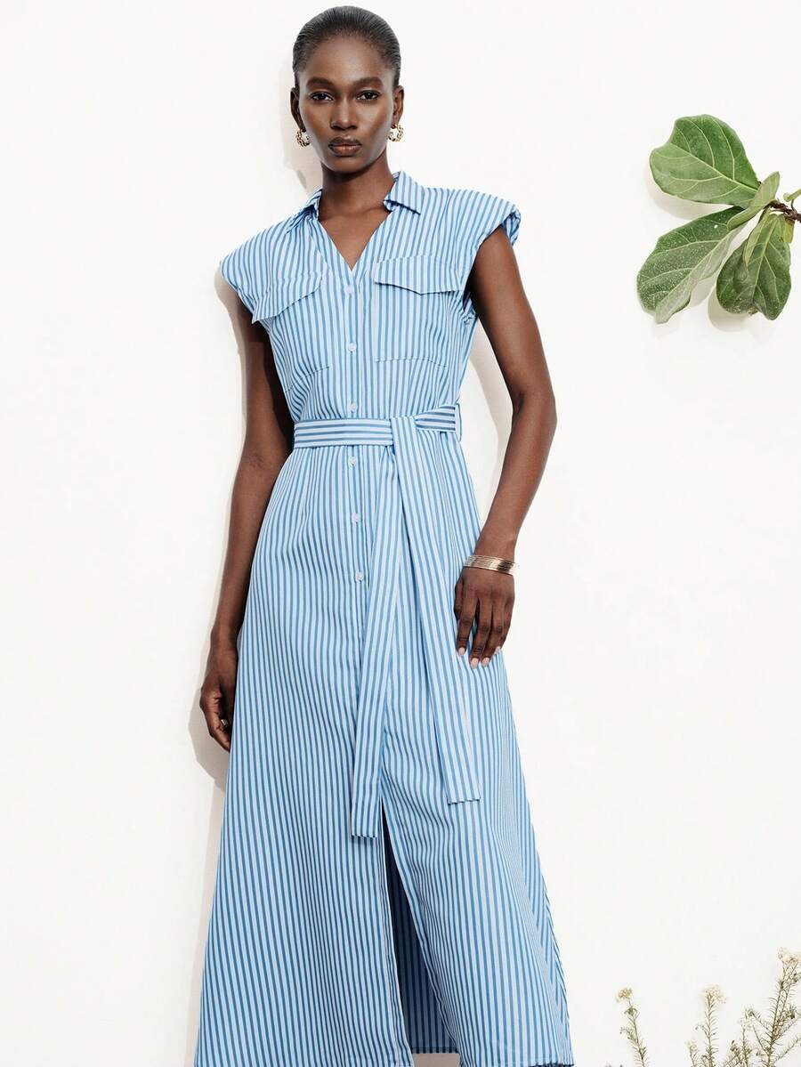 Aveloria Modichic Elegant Striped V-Neck Sleeveless Dress With Pockets, Waist Belt, Flattering Fit For Commute & Daily Wear - Blue - View 1