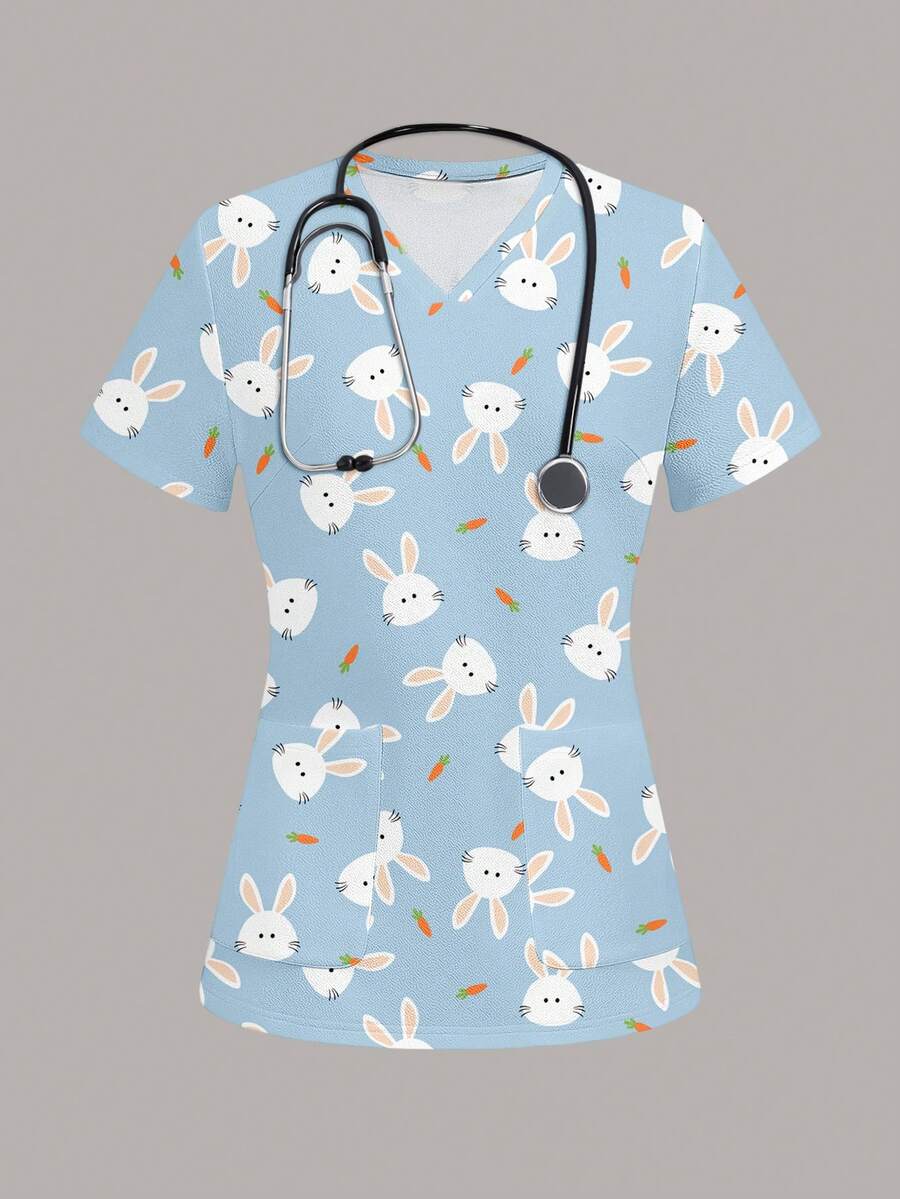 Women's Cartoon Rabbit Print Short Sleeve Scrub Uniform Top - Multicolor - View 1