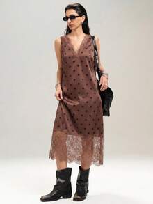 LYSMO Plus Size Black Lace V-Neck Loose Satin Dress - Brown - View 4