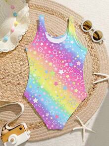 Colorful Ombre Star Print Cute Style Young Girls One-Piece Swimsuit, Suitable For Beach, Summer Vacation, Swimming Pool Party - Multicolor - View 2