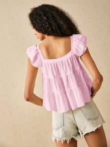 SHEIN Frenchy 女士纯色方领短袖宽松衬衫 - 淺粉色 - 查看 2