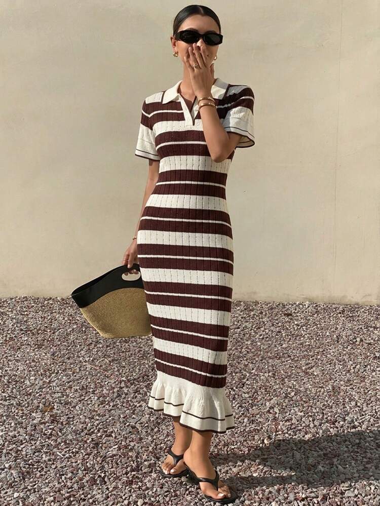 Women's Elegant Turndown Collar Colorblock Striped Knit Dress, Summer