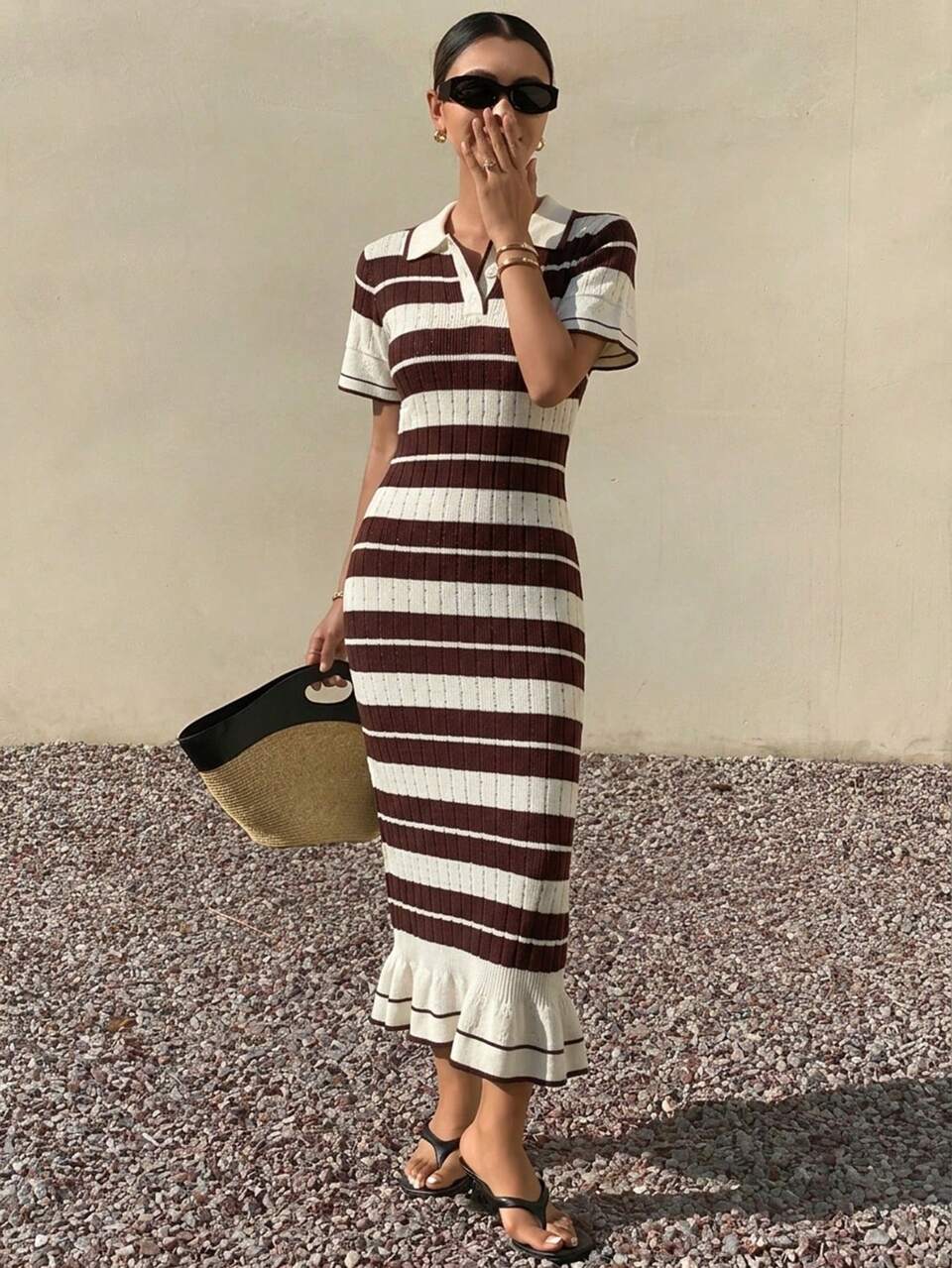 Women's Elegant Turndown Collar Colorblock Striped Knit Dress, Summer