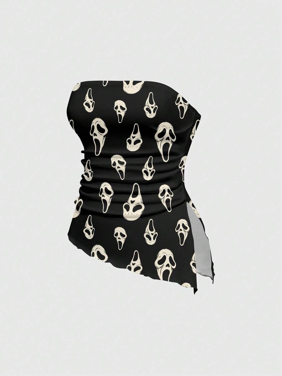ROMWE Goth 哥特暗黑度假海滩高开衩性感尖叫脸印花女式上衣 - 黑色 - 查看 1