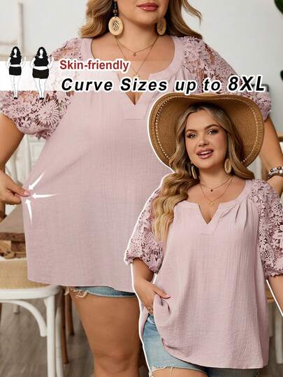 SHEIN CURVE+ Camisa elegante de mujer con bordado floral tridimensional y encaje, con tela de encaje, para primavera y verano, tallas grandes, nueva colección primavera-verano 2026
