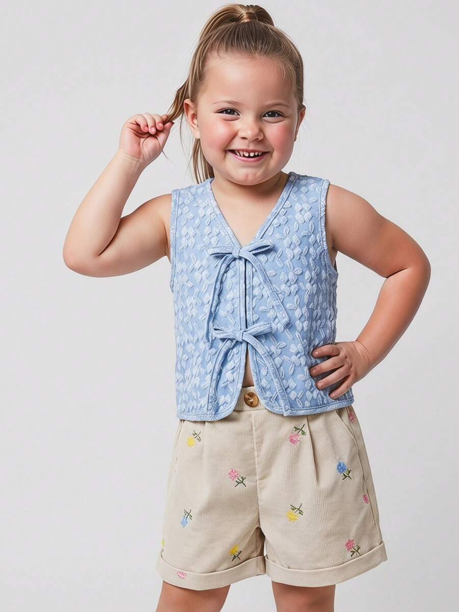 Maija Kids Maija Kids 一件儿童/少女优雅休闲学院风宽松舒适提花图案蓝色无袖背心,适合日常穿着、返校、外出、运动、春夏季节穿着。 - 藍色 - 查看 1