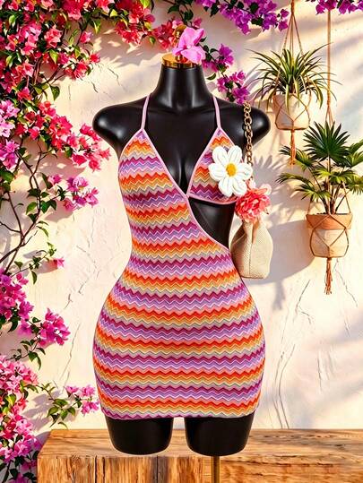 SaltGleam SaltGleam ชุดมินิเดรสเกาะอกลายทางคลื่นดีไซน์กลวงสำหรับวันหยุดพักผ่อนของผู้หญิง