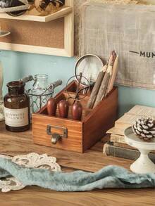Cirelle 1Pc Tiered Wooden Desktop Storage Box, Solid Wood Construction With Vintage Finish, Multi-Use For Pens, Cosmetics & Small Gadgets, Perfect For Home, Office And Bedroom Organization, Decorative Organizer - Multicolor - View 12