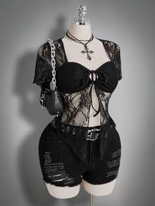 SHEIN ICON Áo ren tay ngắn buộc dây phía trước cổ vuông gợi cảm cỡ lớn, kiểu dáng cổ điển Y2K. - màu đen - Xem 8