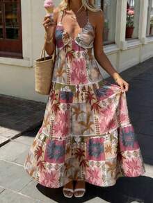 SHEIN LUNE Robe d'été décontractée et d'été pour vacances, imprimé tout-sur-tout, style dos nu et col montant - Multicolore - Voir 4