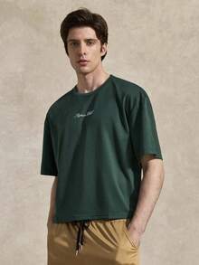 Courvante Herren Slogan Muster Rundhals Casual Kurzarm Grafik T-Shirt Streetwear dunkelgrünes Zitat Shirt Oversize T-Shirt, Strickstoff, für Tennis Sport, Golf, Vatertags Geschenk für Vater & Freund, Outfits für Männer - Dunkelgrün - Übersicht 3