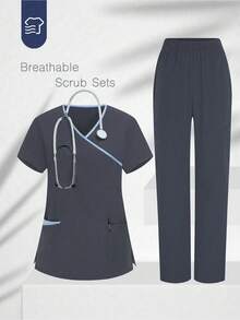 TaskEZ Solid Color Patchwork V-Neck Short Sleeve Top And Pants Scrub Uniform Set - Grey - View 1
