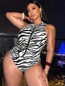 Slaydiva 加大码女士连体随机动物斑马纹前拉链无袖运动冲浪泳衣 - 黑與白 - 查看 3