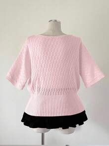 Sweetra Plus Size Women's Fashionable Elegant Dark Style Y2K Short Sleeve Knit Top, Suitable For Spring, Summer And Autumn Wear, Suitable For Commuting - Baby Pink - View 2