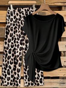 SHEIN Clasi Women's Tie Bow Blouse And Straight Leg Pants 2 Pieces Set, Leopard Print Outfit, Summer Clothing For Ladies - Multicolor - View 6