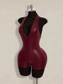 SHEIN ICON Women's Backless Sexy Halter Neck Romper Unitard - Burgundy - View 3