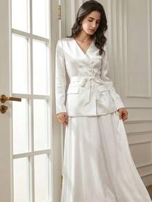 Dazy-Less 春夏蓝色两件式缎面礼服，优雅修身A字廓形，适合情人节、婚礼、派对、鸡尾酒会等场合。 - 白色 - 查看 4