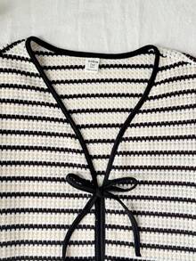 SHEIN Teen Girls Summer New Knit Textured Striped Bow Front Short Sleeve Top And Shorts Set - Black and White - View 6