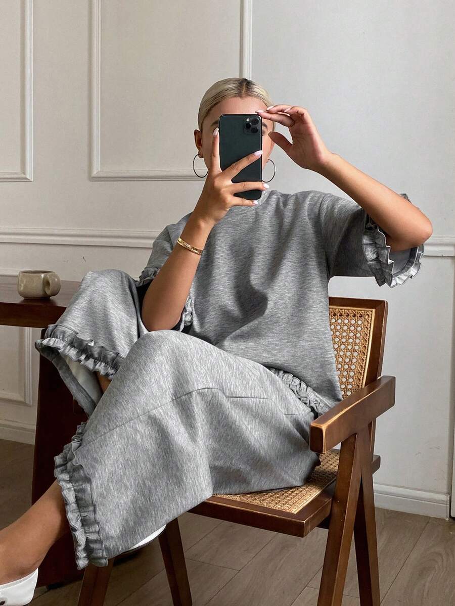 DAZY Setelan Santai Wanita 2 Potong Atasan Berenda Warna Polos dan Celana Panjang Lebar - Light Grey - View 1