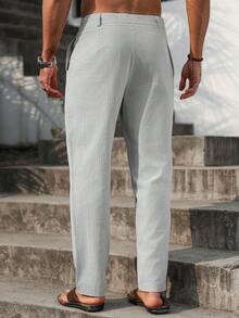 VENTUSAIL Pantalones largos entubados de lino para hombre, cintura con cordón, color liso, frescos, para salir, otoño, vacaciones - Gris Claro - Ver 2